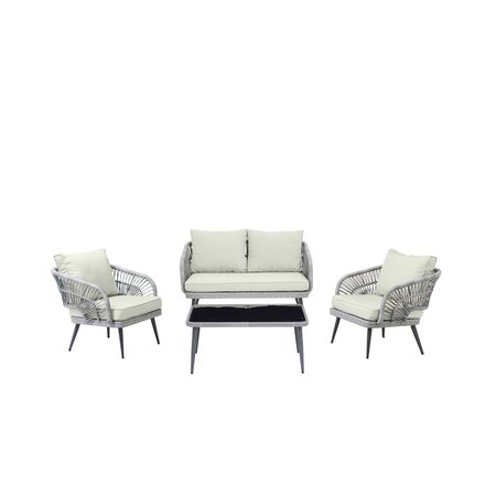 MANHATTAN COMFORT Riviera Rope Wicker 4-Piece 4 Seater Patio Conversation Set with Cushions in Cream OD-CV016-CR